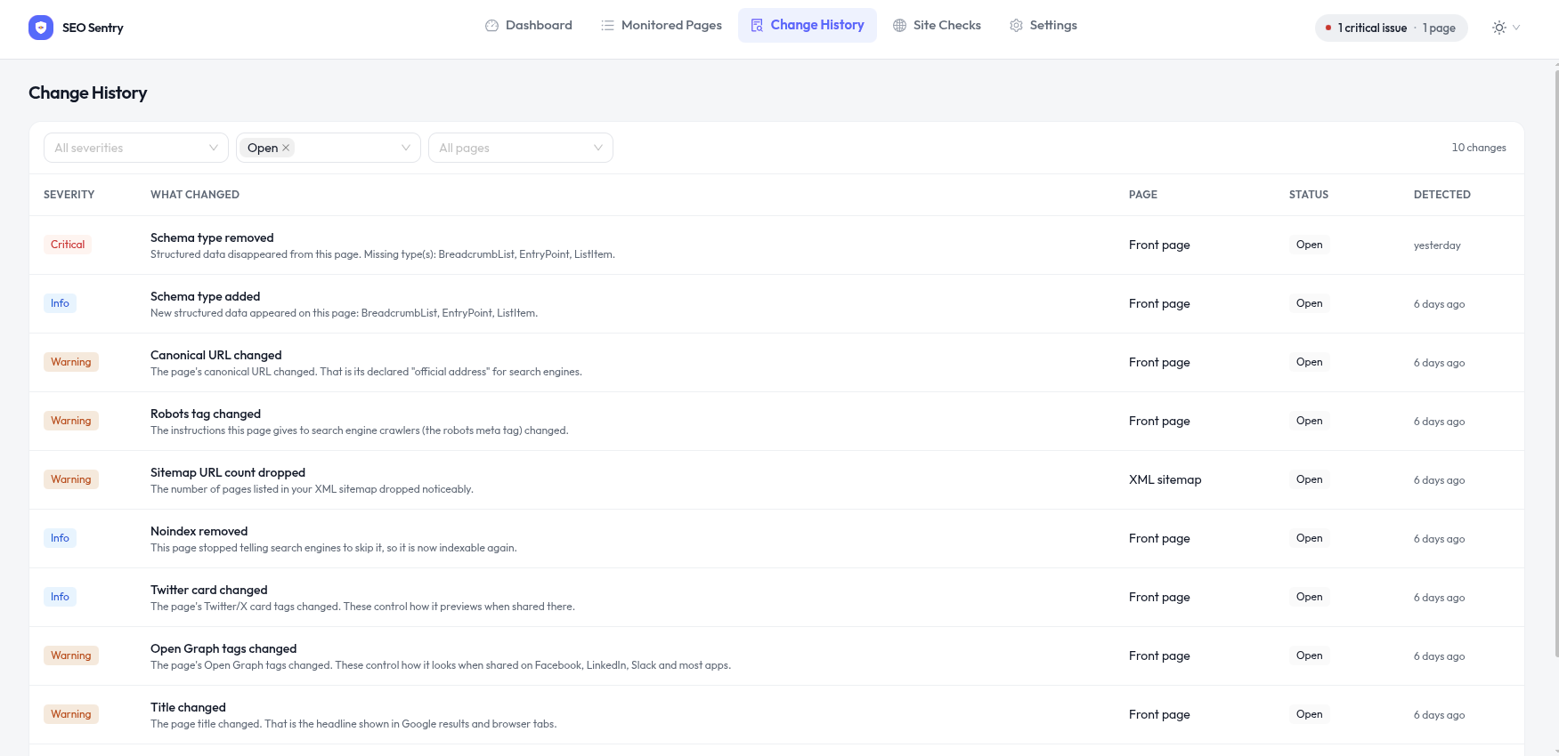 SEO Sentry Change History screen