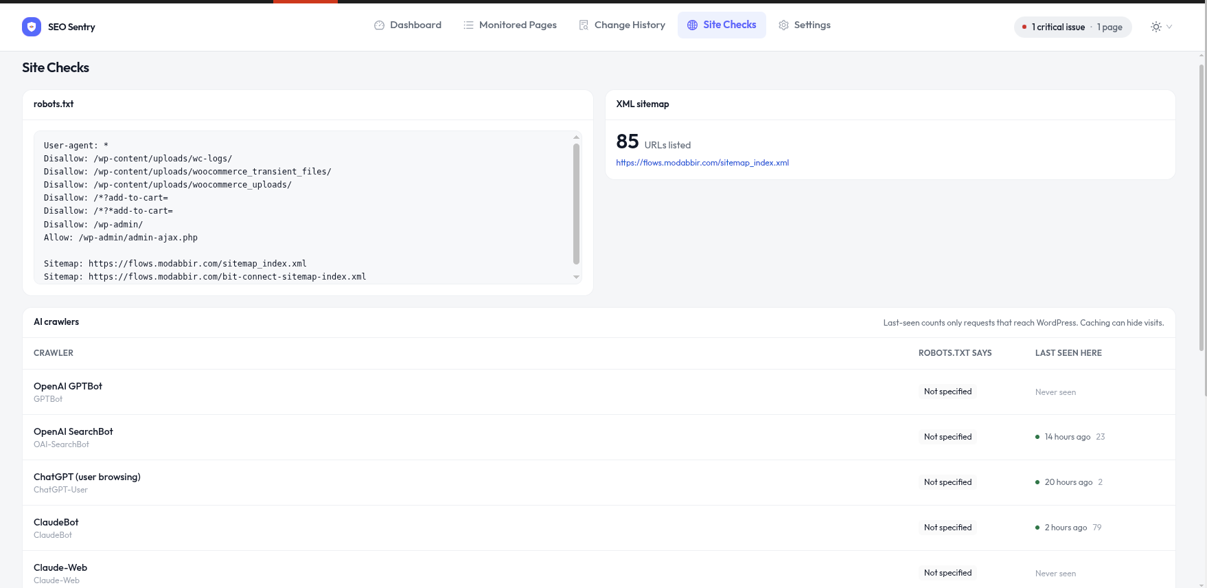 Site Checks screen showing robots.txt, XML sitemap status and AI crawler rules